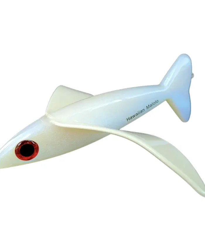 pearl white hawaiian malolo bird teaser fishing lure with striking opalescent features against a white background