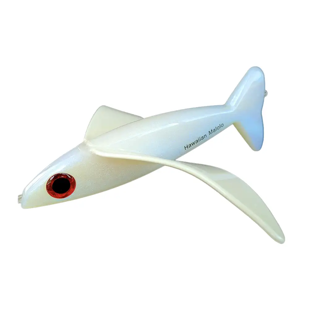 pearl white hawaiian malolo bird teaser fishing lure with striking opalescent features against a white background